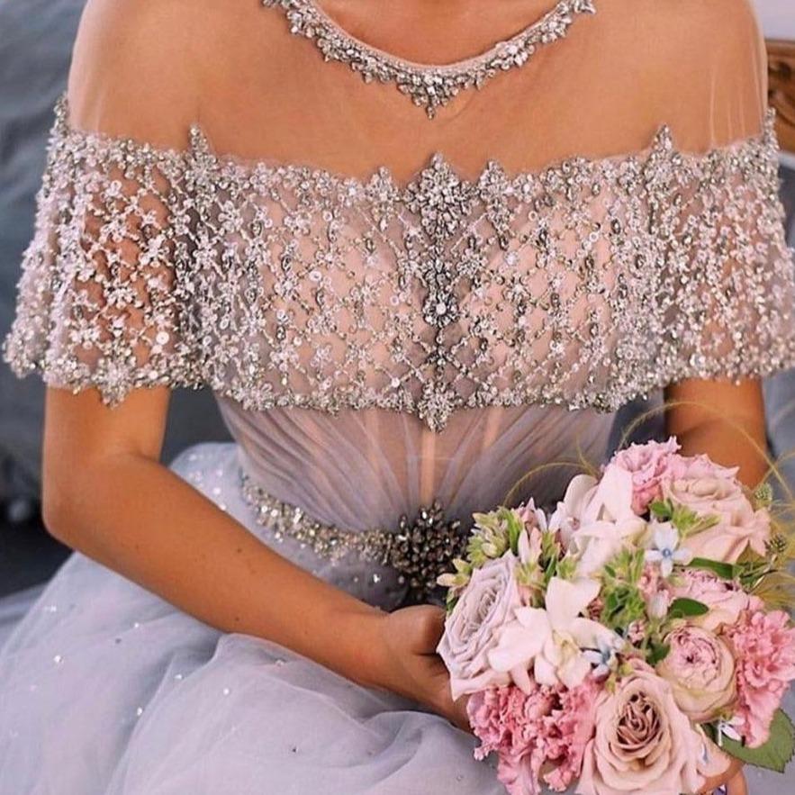 Luxury O-Neck Crystal Sleeveless Aline Sequin Long Evening Dress