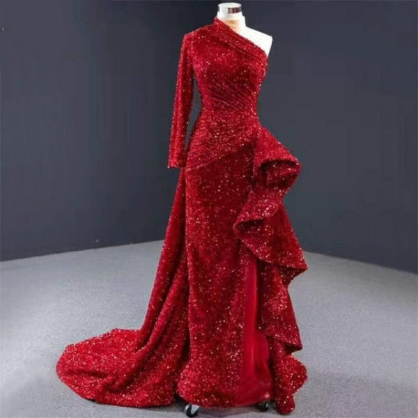 Luxury One Shoulder High Neck Sexy Long Formal Evening Dress Evening & Formal Dresses BlissGown Red 12 
