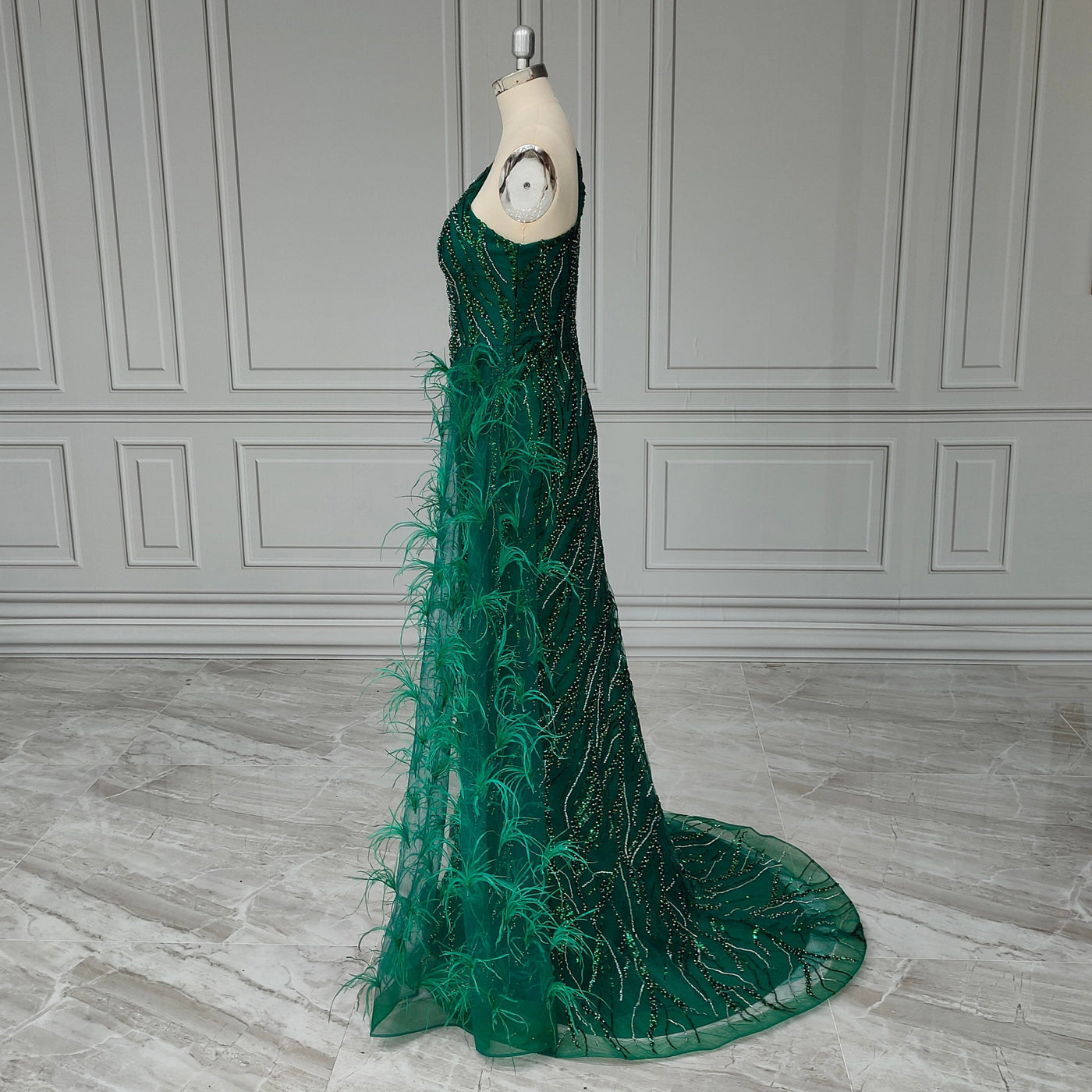 Luxury One Shoulder Split Mermaid Beading Feathers Evening Dress Evening & Formal Dresses BlissGown 