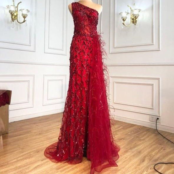 Luxury One Shoulder Split Mermaid Beading Feathers Evening Dress Evening & Formal Dresses BlissGown winered 16 