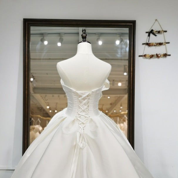 Luxury Satin Ball Gown Boat Neck Illusion Sleeveless Bridal Dress Vintage Wedding Dresses BlissGown 