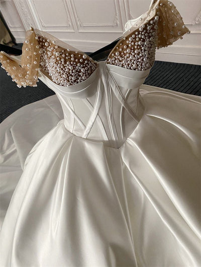 Luxury Satin Pearls Strapless Plus Size Wedding Dress Luxury Wedding Dresses BlissGown 