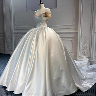 Luxury Satin Pearls Strapless Plus Size Wedding Dress Luxury Wedding Dresses BlissGown 