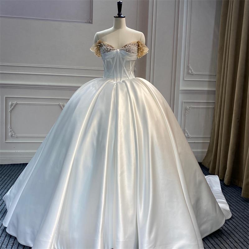 Luxury Satin Pearls Strapless Plus Size Wedding Dress