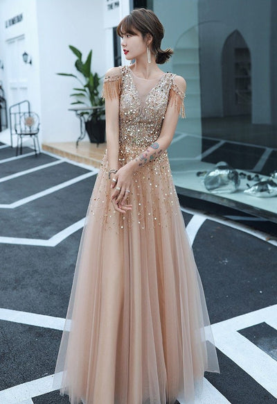Luxury Sequined Tulle Elegant O-neck A-line Long Evening Dress Evening & Formal Dresses BlissGown 