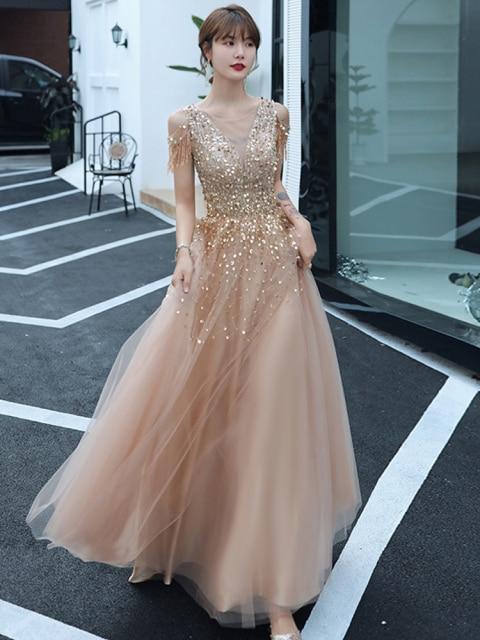 Luxury Sequined Tulle Elegant O-neck A-line Long Evening Dress Evening & Formal Dresses BlissGown champagne 8 China