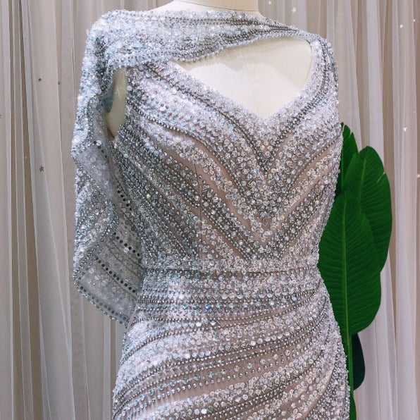 Luxury Silver with Cape Heavy Beaded Side Slit Prom Dress Sequin Prom Dresses BlissGown 