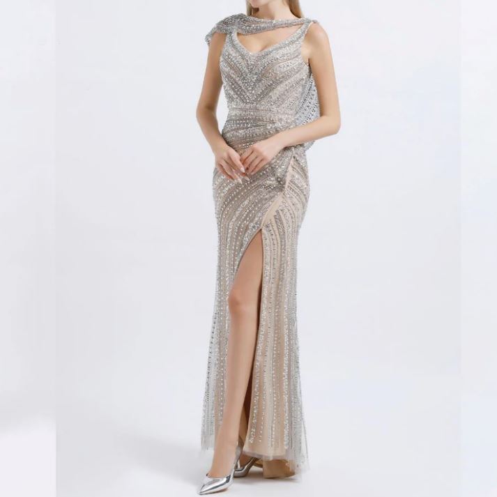 Luxury Silver with Cape Heavy Beaded Side Slit Prom Dress Sequin Prom Dresses BlissGown 