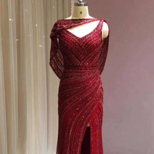 Luxury Silver with Cape Heavy Beaded Side Slit Prom Dress Sequin Prom Dresses BlissGown Burgundy 2 