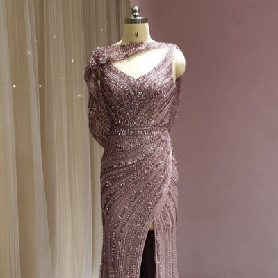 Luxury Silver with Cape Heavy Beaded Side Slit Prom Dress Sequin Prom Dresses BlissGown Pink 2 