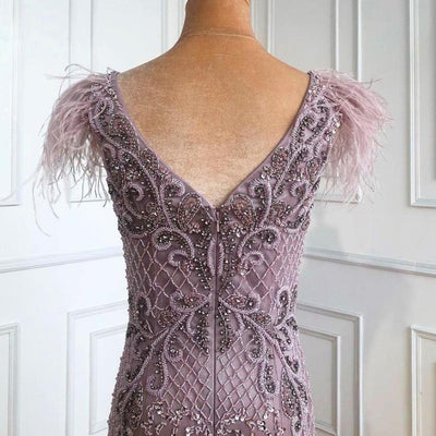 Luxury V-Neck Sexy Diamond Feathers Sleeveless Evening Dress Evening & Formal Dresses BlissGown 