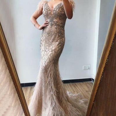 Luxury V-Neck Sexy Diamond Feathers Sleeveless Evening Dress Evening & Formal Dresses BlissGown champagne 4 