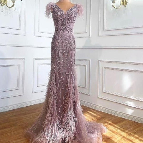 Luxury V-Neck Sexy Diamond Feathers Sleeveless Evening Dress Evening & Formal Dresses BlissGown pink 10 