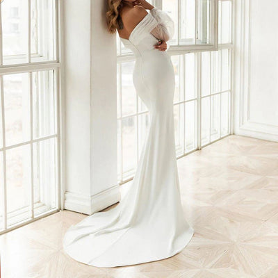 Mermaid Sweetheart Puff Sleeve Satin Wedding Dress Romantic Wedding Dresses BlissGown 