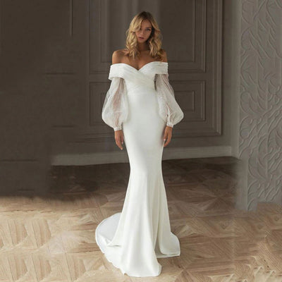 Mermaid Sweetheart Puff Sleeve Satin Wedding Dress Romantic Wedding Dresses BlissGown 