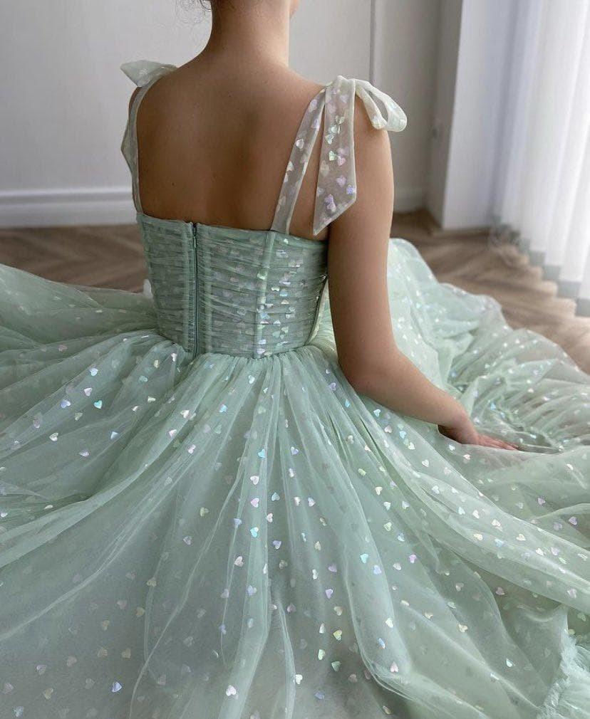 Mint Green Tied Bow Straps Pockets Tea-Length Party Dresses Evening & Formal Dresses BlissGown 