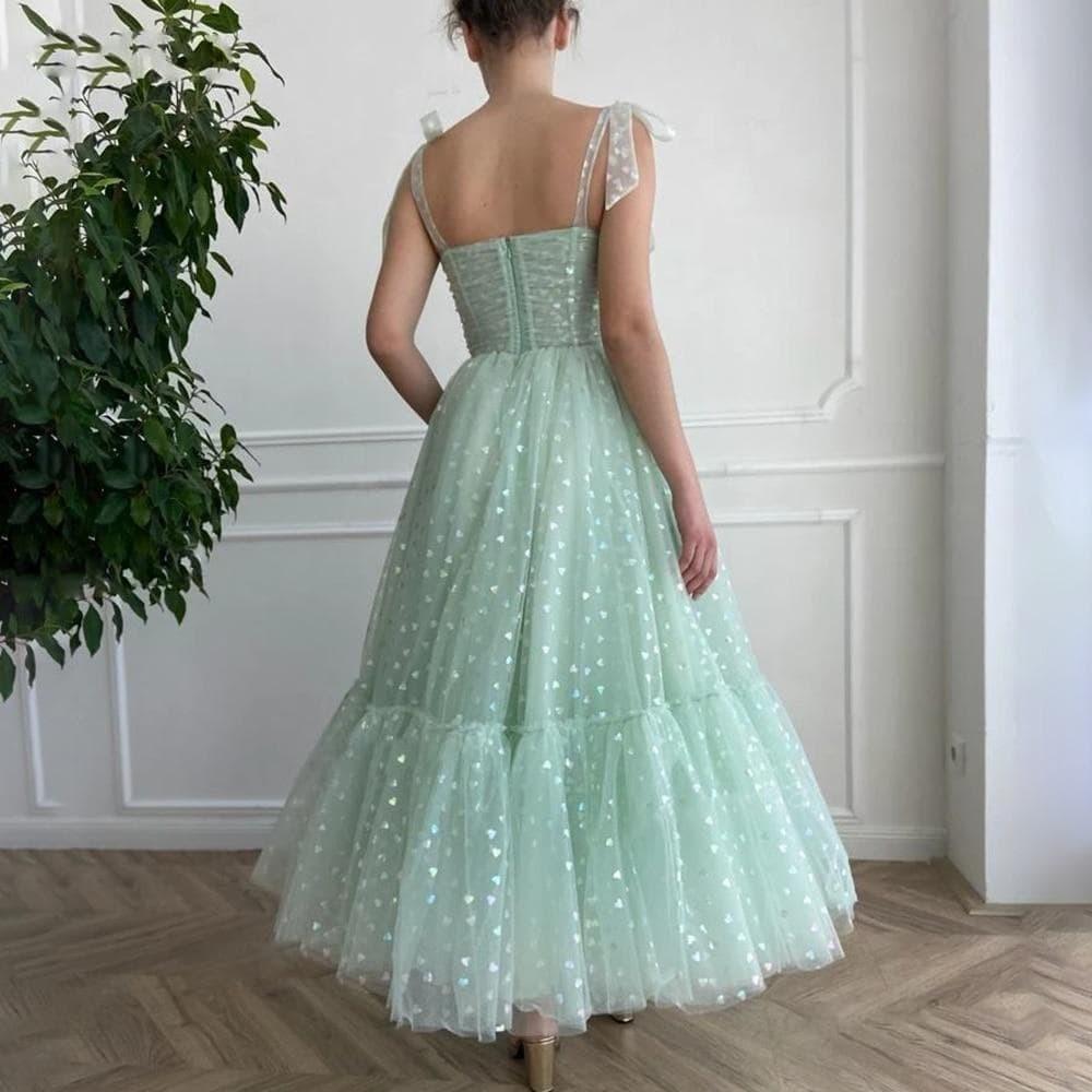 Mint Green Tied Bow Straps Pockets Tea-Length Party Dresses Evening & Formal Dresses BlissGown 