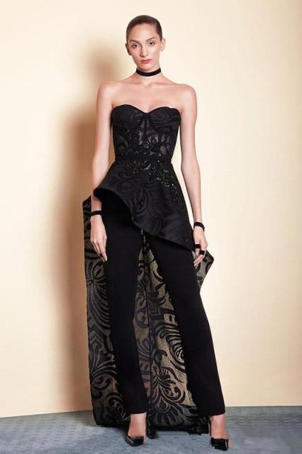 Modern Black Pant Suit Lace Overskirts Prom Dress Evening & Formal Dresses BlissGown 