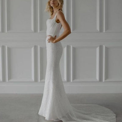 Modern Embroidered Sequins Lace Mermaid Open Back Bridal Gown Beach Wedding Dresses BlissGown 