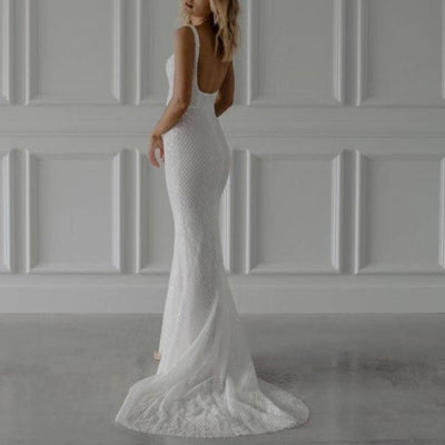 Modern Embroidered Sequins Lace Mermaid Open Back Bridal Gown Beach Wedding Dresses BlissGown 