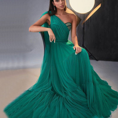 Modern Green Long Simple A Line One Shoulder Prom Dress Sexy Prom Dresses BlissGown 