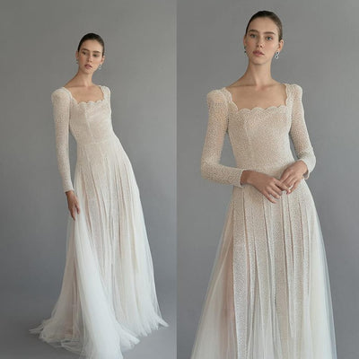 Modest A Line Square Long Sleeve Tulle Beads Wedding Dress Vintage Wedding Dresses BlissGown 