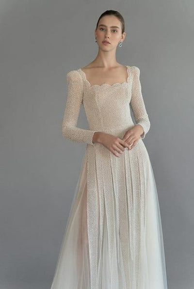 Modest A Line Square Long Sleeve Tulle Beads Wedding Dress Vintage Wedding Dresses BlissGown Ivory 4 