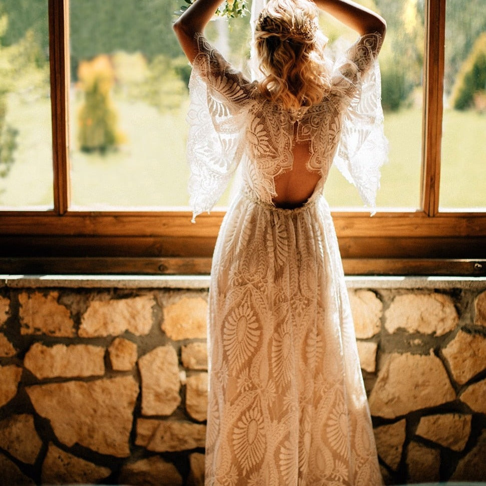Modest High Neck Flare Sleeves Boho Lace Wedding Dress Vintage Wedding Dresses BlissGown 