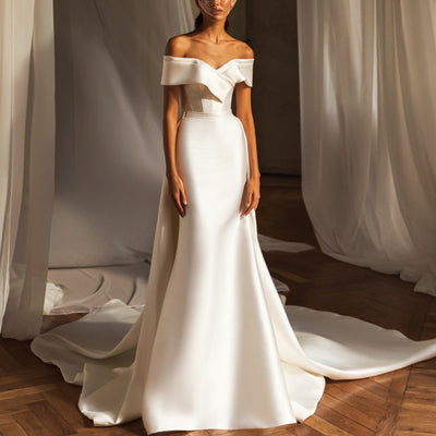 Modest Mermaid 2 In 1 Detachable Train Satin Wedding Dress Luxury Wedding Dresses BlissGown 