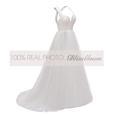 Modest Satin X cross Back Bridal Gown Beach Wedding Dresses BlissGown 