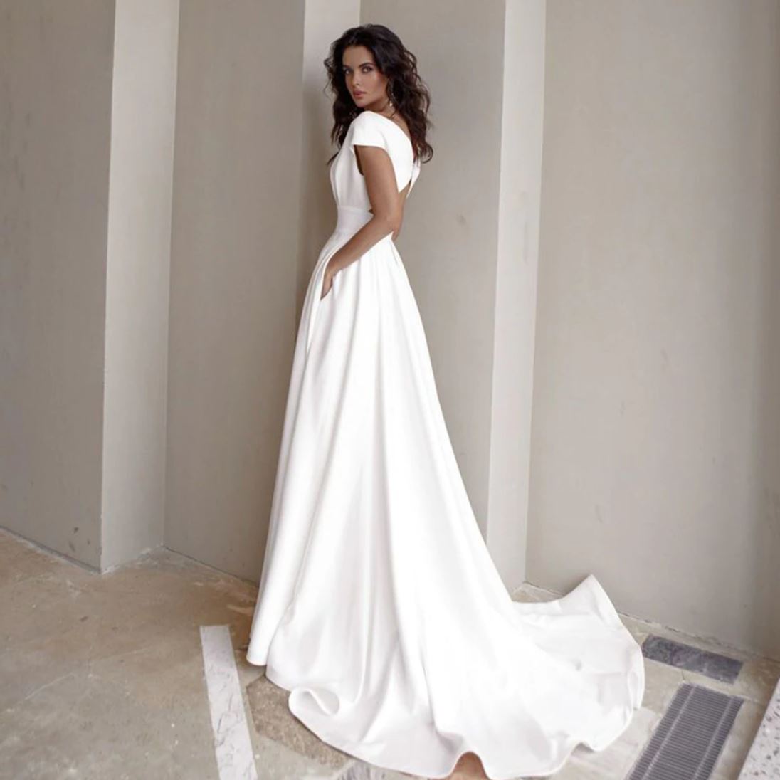 Modest V-Neck With Pocket Bridal Gown Sexy Wedding Dresses BlissGown 
