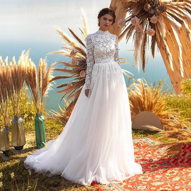 Muslim Long Sleeves Lace Appliques Princess Boho Wedding Dress Boho Wedding Dresses BlissGown White 16W 