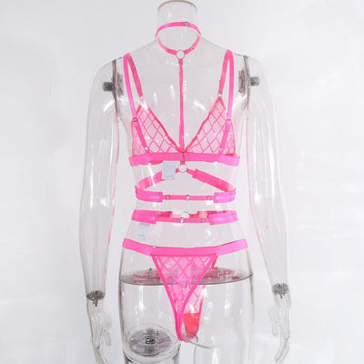 Neon Pink Underwear Set See-Through Lingerie Accessories BlissGown 
