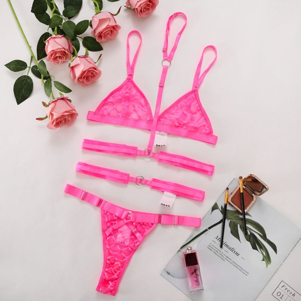Neon Pink Underwear Set See-Through Lingerie Accessories BlissGown 
