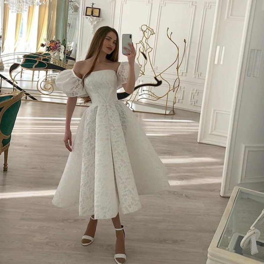 New Design Full Lace Short Puff Sleeves Strapless Tea Length Wedding Dress Sexy Wedding Dresses BlissGown 