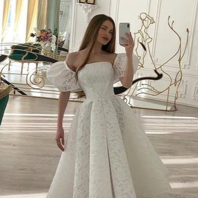 New Design Full Lace Short Puff Sleeves Strapless Tea Length Wedding Dress Sexy Wedding Dresses BlissGown 