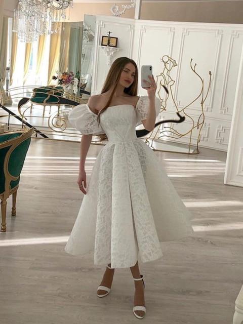 New Design Full Lace Short Puff Sleeves Strapless Tea Length Wedding Dress Sexy Wedding Dresses BlissGown Ivory 16W 