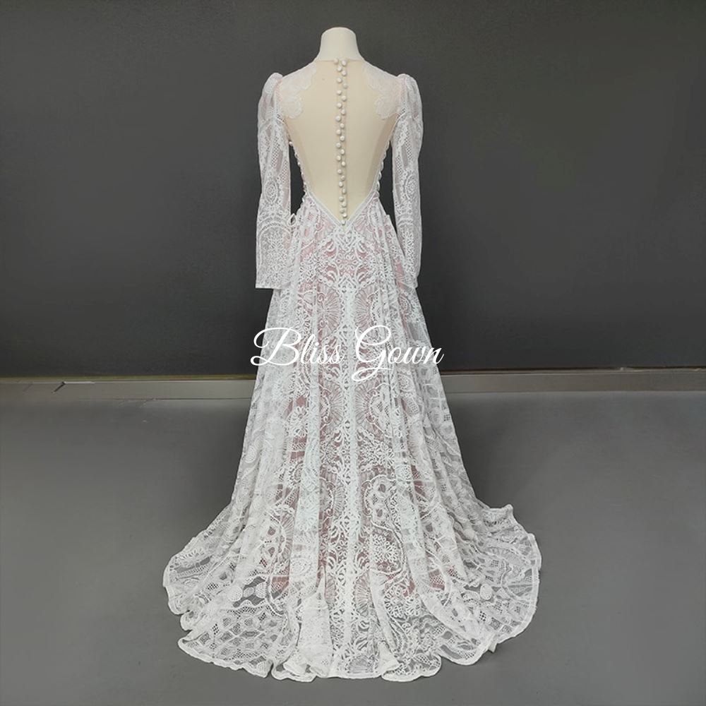 O-Neck Lace Ruched Bohemian Wedding Dress Boho Wedding Dresses BlissGown 