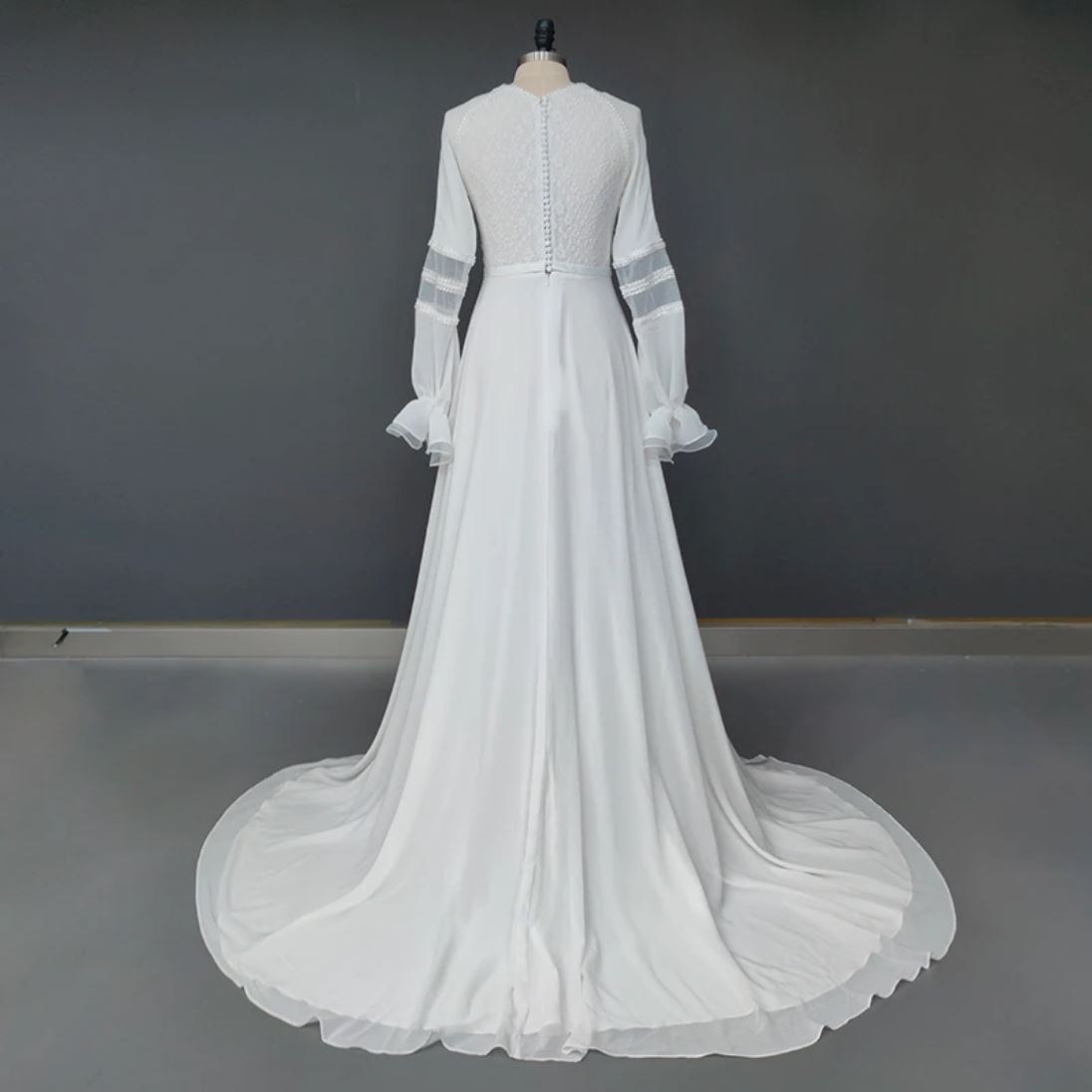 O Neck Long Sleeves A Line Chiffon Sexy Bohemian Lace Wedding Dress Boho Wedding Dresses BlissGown 