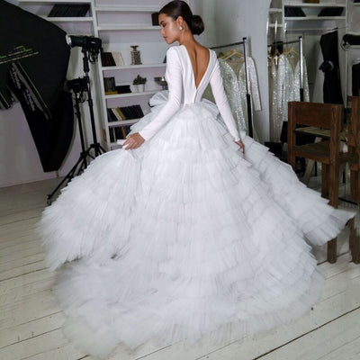 O Neck Long Sleeves Satin Ball Gown Wedding Dress Luxury Wedding Dresses BlissGown 
