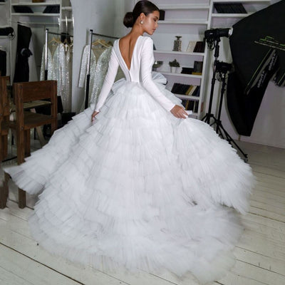 O Neck Long Sleeves Satin Ball Gown Wedding Dress Luxury Wedding Dresses BlissGown 
