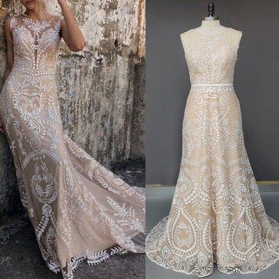 O Neck Sexy Sleeveless Sweep Train Lace Open Back Wedding Dress Classic Wedding Dresses BlissGown As Picture 2 