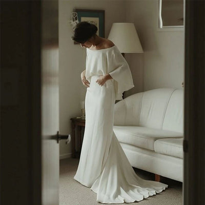 Off Shoulder Backless Soft Satin Wedding Dress Vintage Wedding Dresses BlissGown 