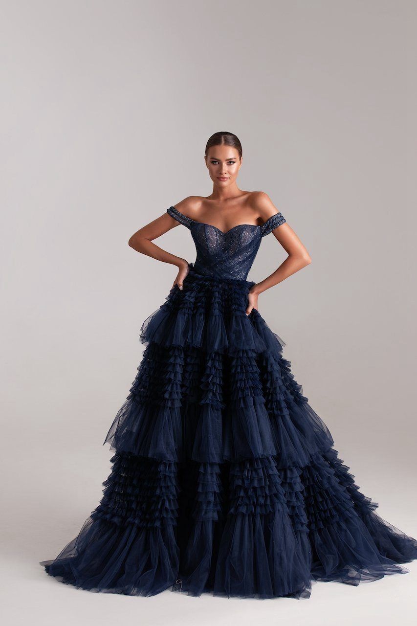 Off Shoulder Corset Layered Puffy Tulle Fashion Evening Gown – BlissGown