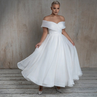 Off Shoulder Criss Cross Ruched Soft Organza Ankle Length Bridal Gown Beach Wedding Dresses BlissGown 