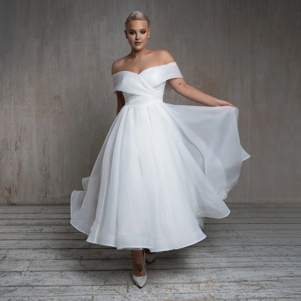 Off Shoulder Criss Cross Ruched Soft Organza Ankle Length Bridal Gown Beach Wedding Dresses BlissGown 
