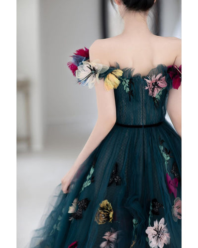 Off-Shoulder Dark Blue Sweetheart Tulle Dress Lush A-Line Floral Dresses 3D Flowered Evening Dress 2021 Ever Pretty Plus Size Sexy Wedding Dresses BlissGown 