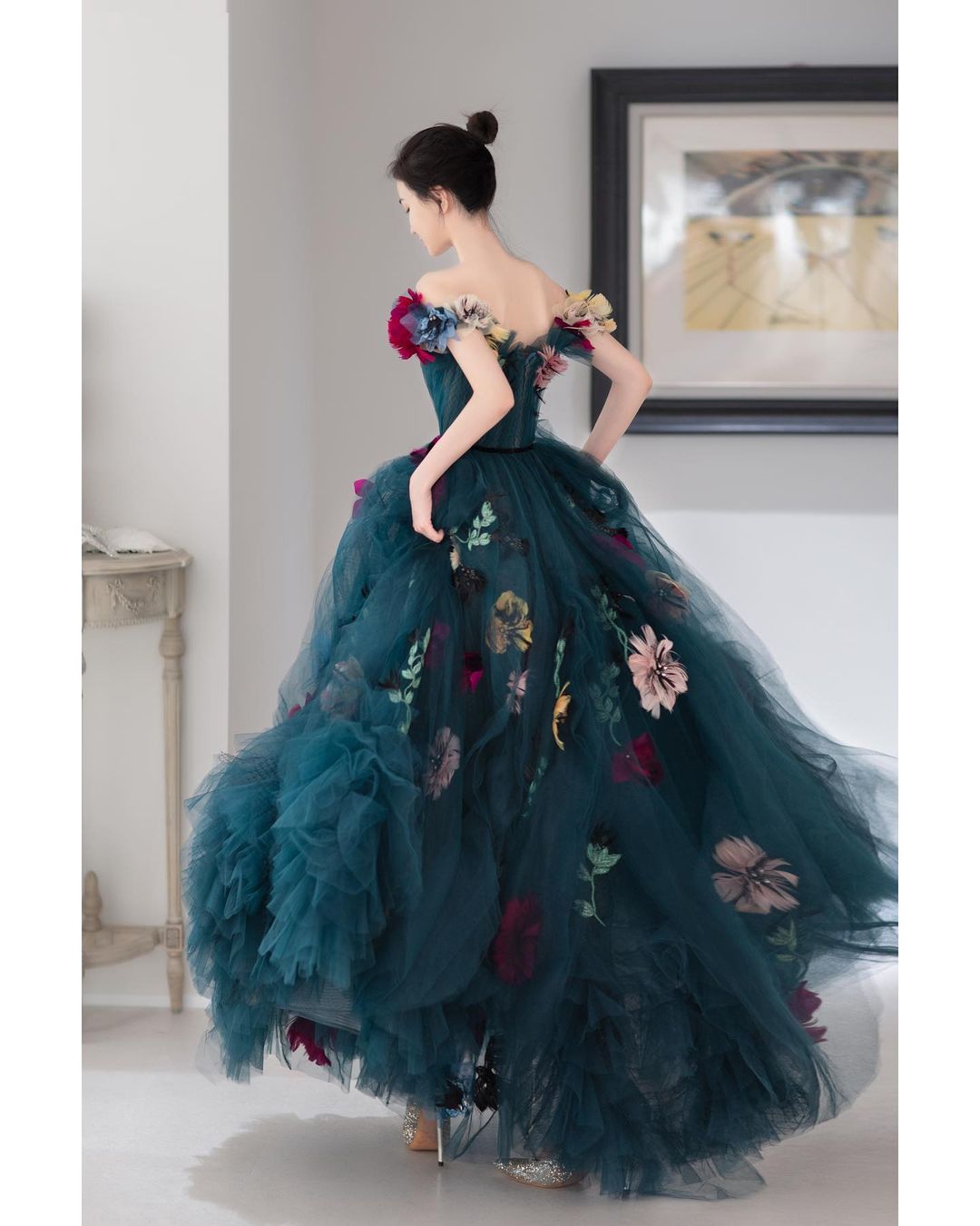 Off-Shoulder Dark Blue Sweetheart Tulle Dress Lush A-Line Floral Dresses 3D Flowered Evening Dress 2021 Ever Pretty Plus Size Sexy Wedding Dresses BlissGown 