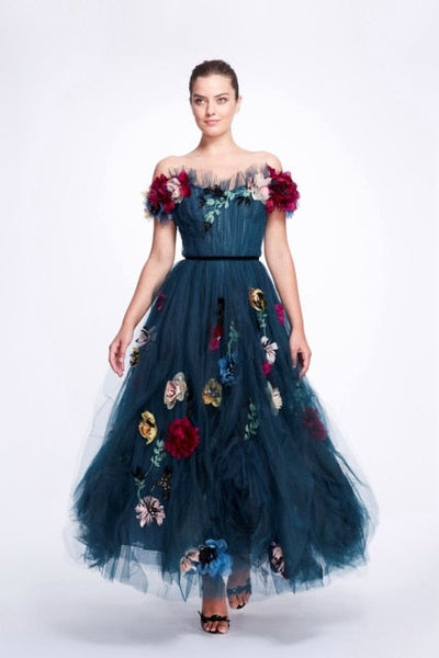 Off-Shoulder Dark Blue Sweetheart Tulle Dress Lush A-Line Floral Dresses 3D Flowered Evening Dress 2021 Ever Pretty Plus Size Sexy Wedding Dresses BlissGown Same As Image 14 