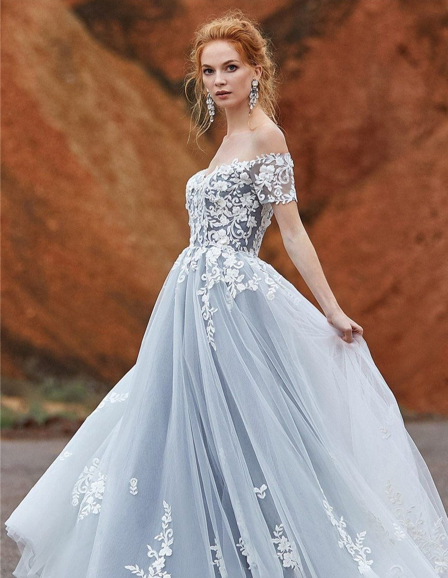 Off Shoulder Lace Applique Crystals Sexy Wedding Dress Black Wedding Dresses BlissGown 